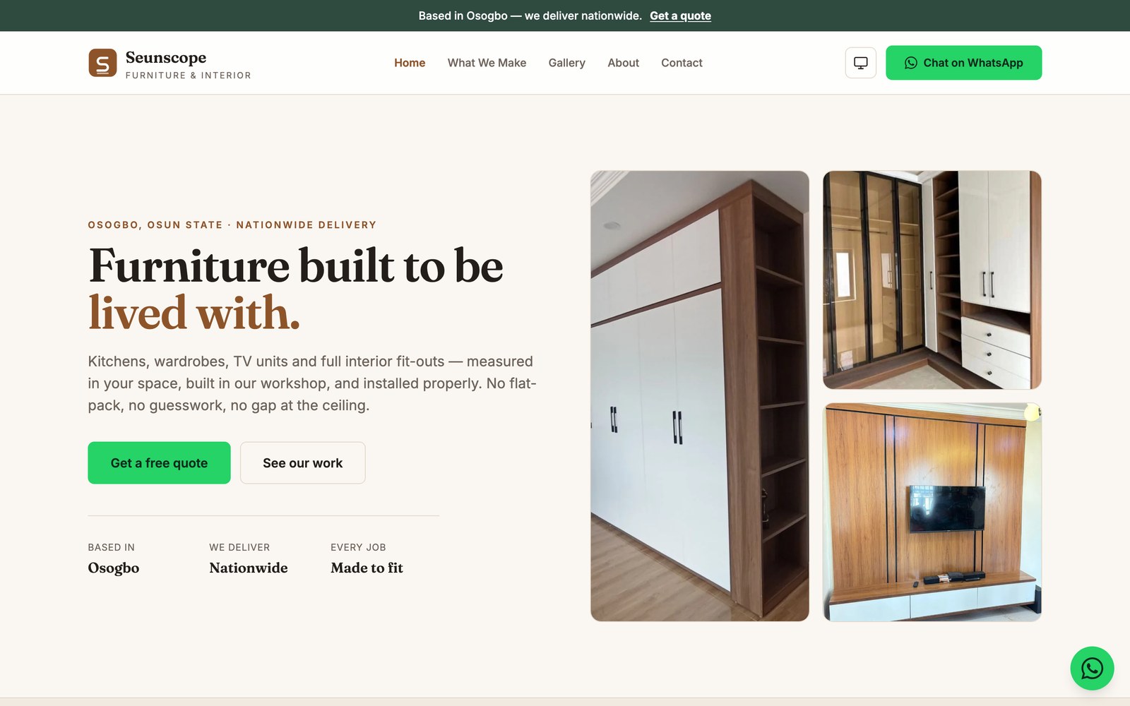 The Seunscope Furniture home page, a site built for a furniture workshop in Osogbo